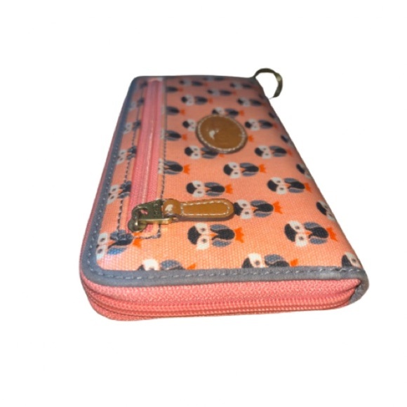 Fossil Owl Print Peach Zip Around Closure, Long Wallet with Keyring, Gray Trim - Picture 4 of 11